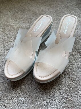 Jessica Clear Strap Beige Wedge Slides